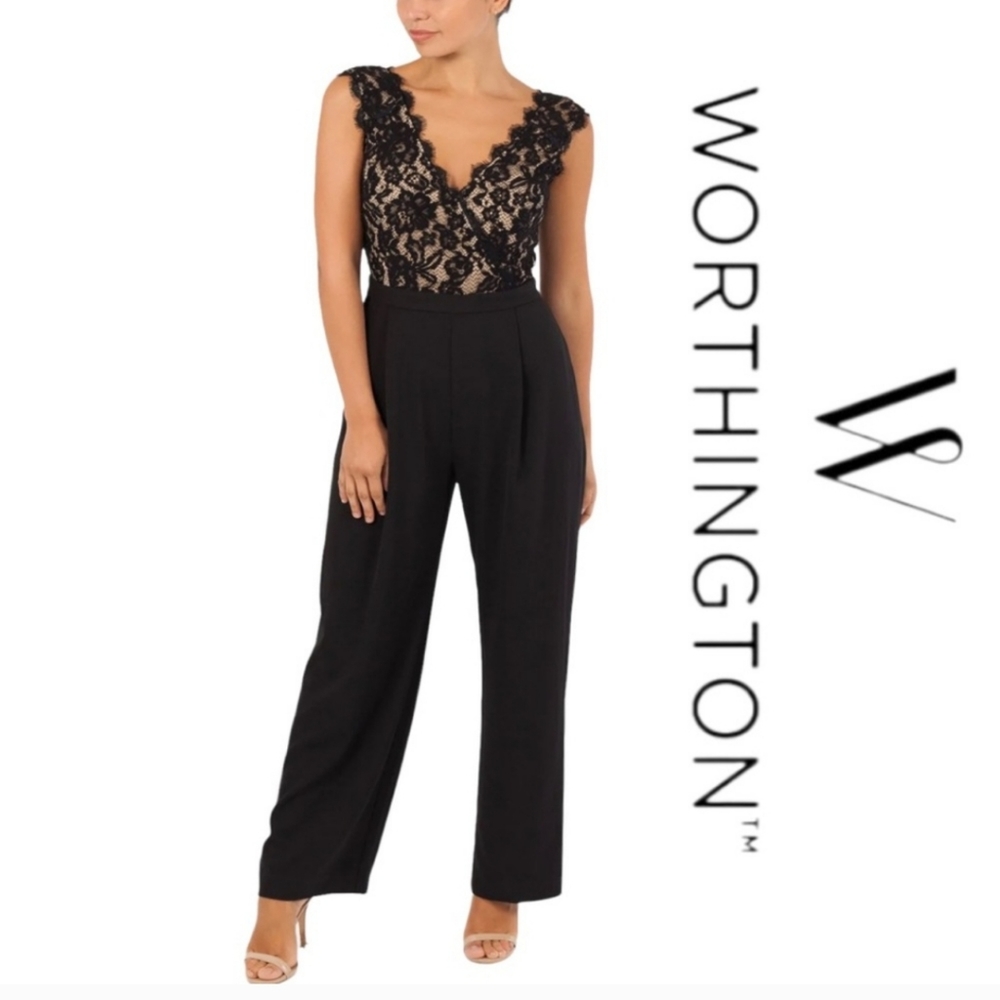 Worthington Black Lace Bodice Wide-Leg Jumpsuit